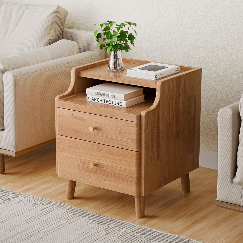 Nightstand Set of 2, Pre-Assembled, 19.7“H Solid Wood Night Stand with 2 Drawers, Open Sliding Shelf, Mid Century Modern Small Bedside Table for Bedroom, Natural Oak 16"