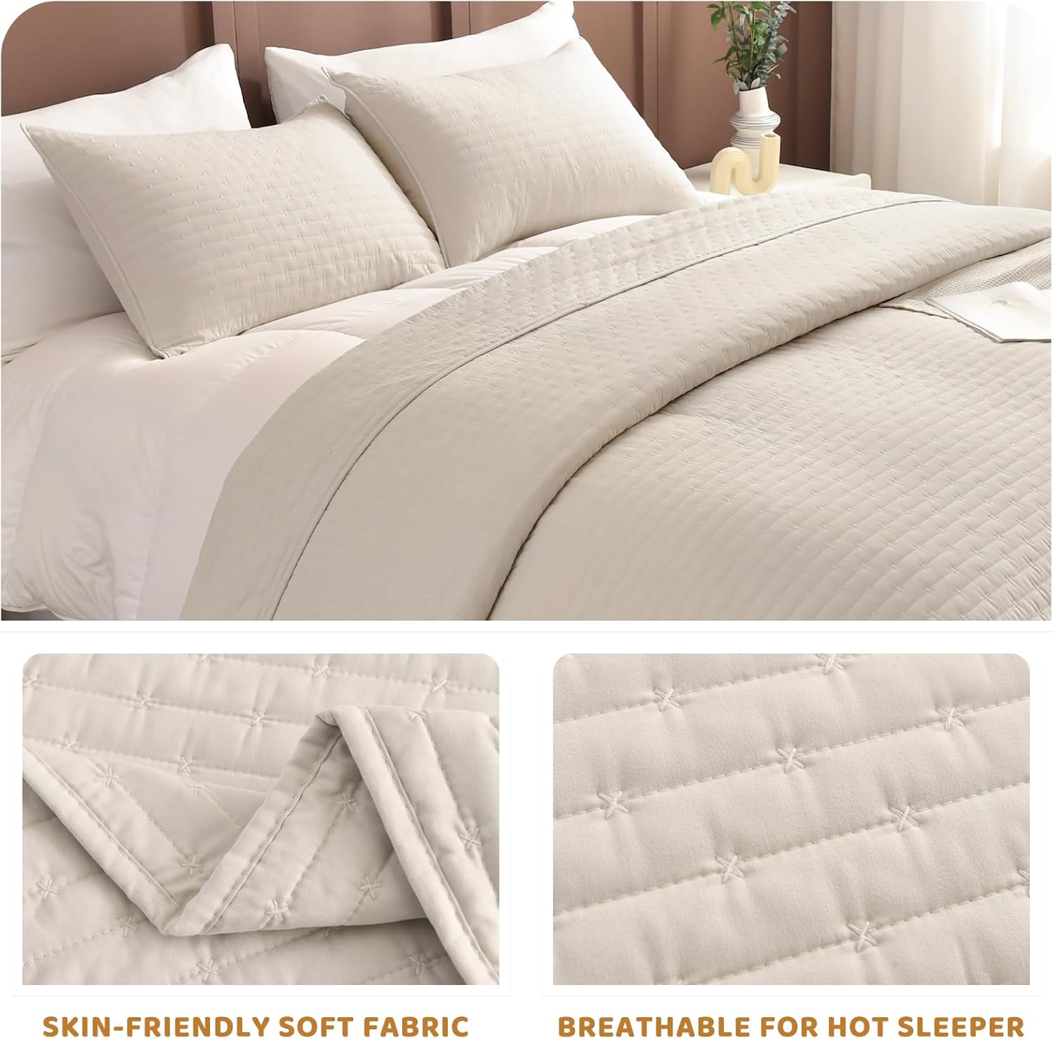 Sanracie Oversized Cal King Bedspread 128"*120" for Extra Bed, 3pcs 100% Cotton Quilt Wheat Colored Ultra Large Wide Oversized King Plus Coverlet Thin Comforter Ultra Soft and Cozy