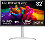 LG 32UP83AK-W 32-inch Ultrafine 4K UHD (3840 x 2160) IPS Computer Monitor  60Hz  HDR10  Built-in Speaker  Reader Mode  HDMI  DisplayPort  USB Type-C 60W PD  Tilt/Height/Pivot Adjustable Stand  White
