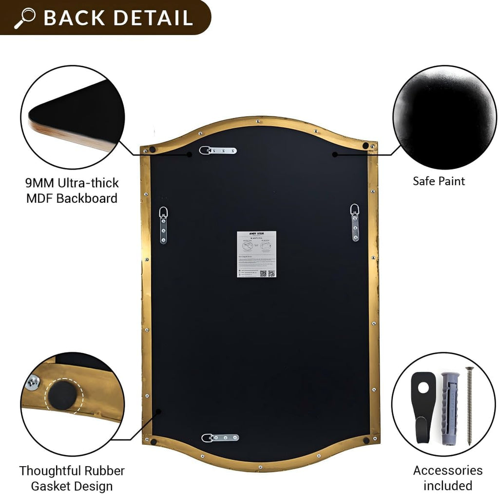 ANDY STAR 30"x40" Scalloped Wall Mirror, Brushed Gold Rectangle Bathroom Mirror with Curved Edge Stainless Steel Metal Frame, Large Wall-Mounted Mirror for Bathroom, Entryway (Horizontal/Vertical)