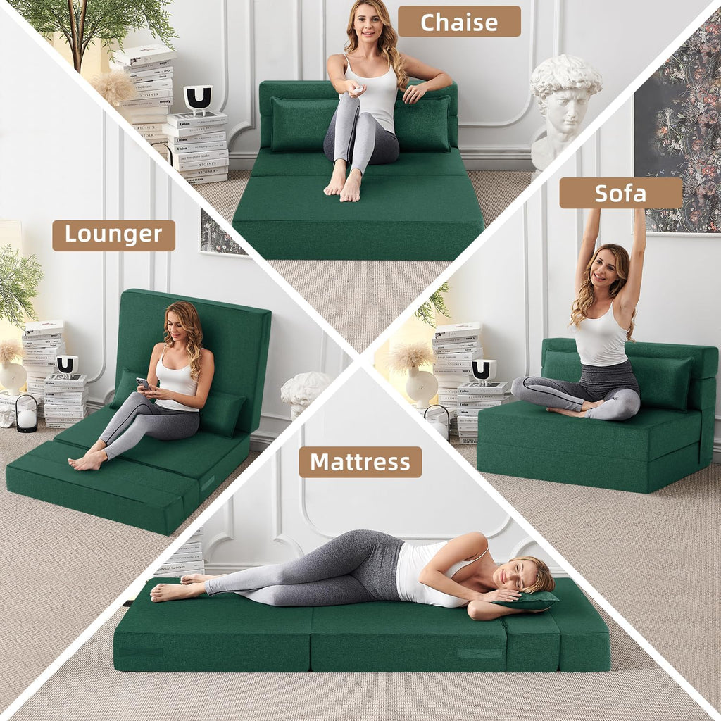 FILUXE Folding Sofa Bed | Convertible Sleeper Chair Bed for Adults, Fold Out Chair to Bed Linen Futon Chair with Pillow, for Home Dorm Apartment RV Living Room, Standard Size,Dark Green