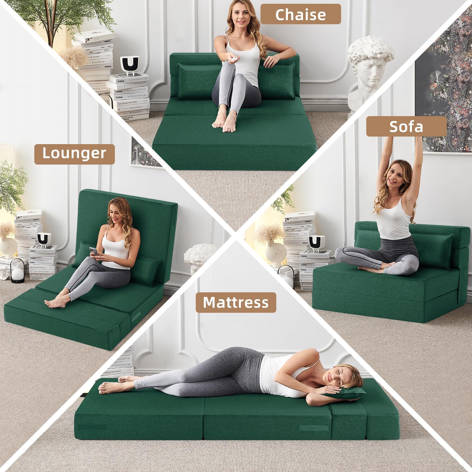 FILUXE Folding Sofa Bed | Convertible Sleeper Chair Bed for Adults, Fold Out Chair to Bed Linen Futon Chair with Pillow, for Home Dorm Apartment RV Living Room, Standard Size,Dark Green