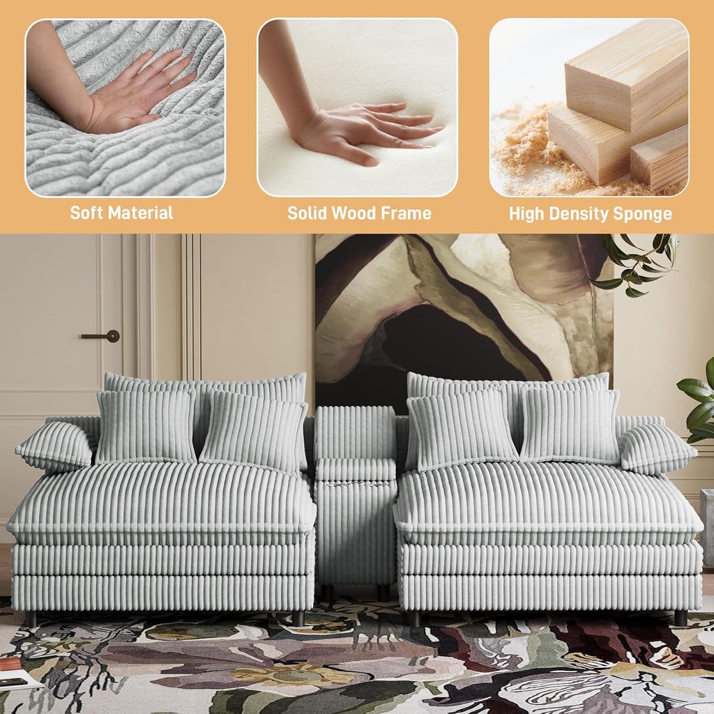Oversized Chaise Lounge Chair Indoor with Cup Holders, Fast Charging USB, Storage & Adjustable Backrest, 114"Wx 59"D Comfy Corduroy Sleeper Loveseat Fluffy Reading Chairs for Living Room, Grey