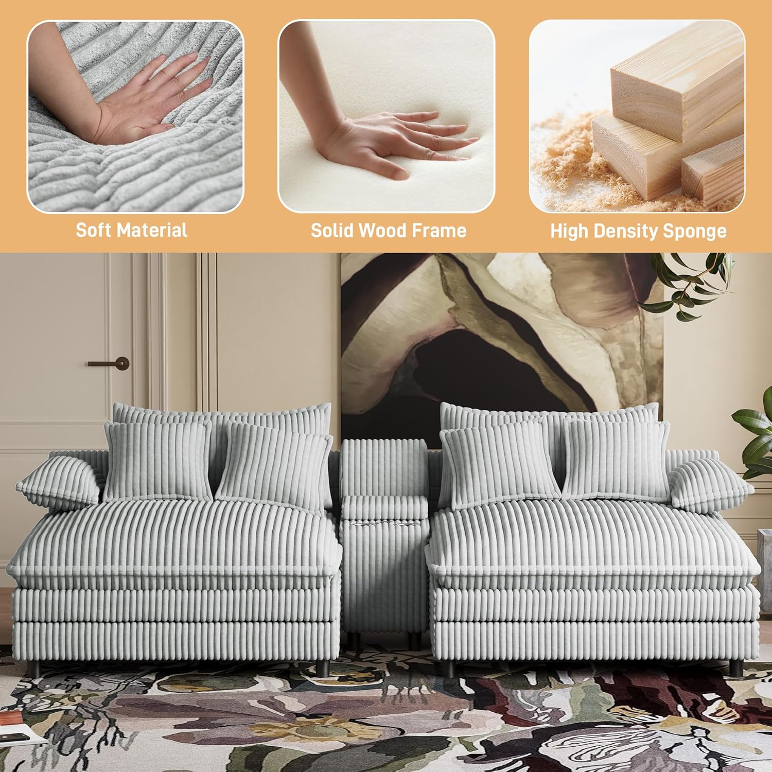 Oversized Chaise Lounge Chair Indoor with Cup Holders, Fast Charging USB, Storage & Adjustable Backrest, 114"Wx 59"D Comfy Corduroy Sleeper Loveseat Fluffy Reading Chairs for Living Room, Grey