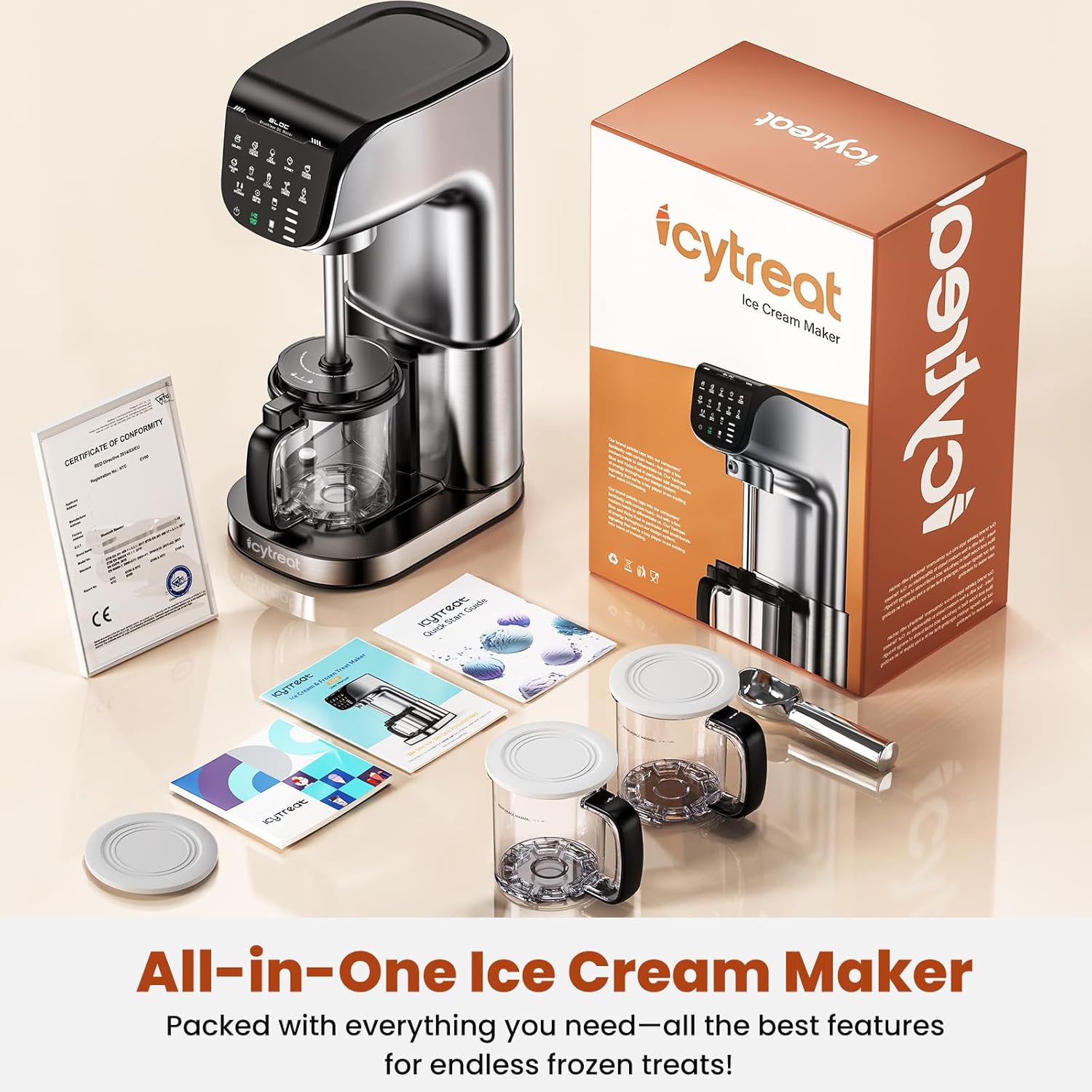Ice Cream Maker Machine 12-in-1, Full Automatic Stainless Steel Homemade Ice Cream Maker for Sorbet, Milkshake, Frozen Yogurt & More, Easy to Clean Ice Cream Machine, (3) Family-Sized Tritan Tubs