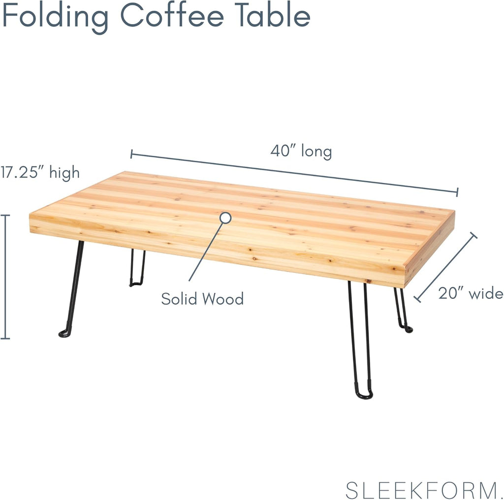 Sleekform Folding Wooden Coffee Table - Collapsible 20x40 Light Wood Mini Desk - Lightweight Foldable Coffee Table for Small Spaces - Fold Up Hairpin Legs - Birch Wood Finish