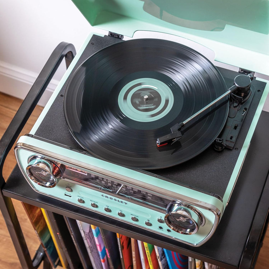 Crosley CR6047A-AB Powel 7-in-1 Bluetooth in/Out Vinyl Record Player with AM/FM Radio  CD Player  and Aux-in  Aqua Blue