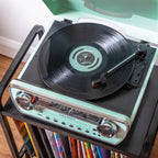 Crosley CR6047A-AB Powel 7-in-1 Bluetooth in/Out Vinyl Record Player with AM/FM Radio  CD Player  and Aux-in  Aqua Blue