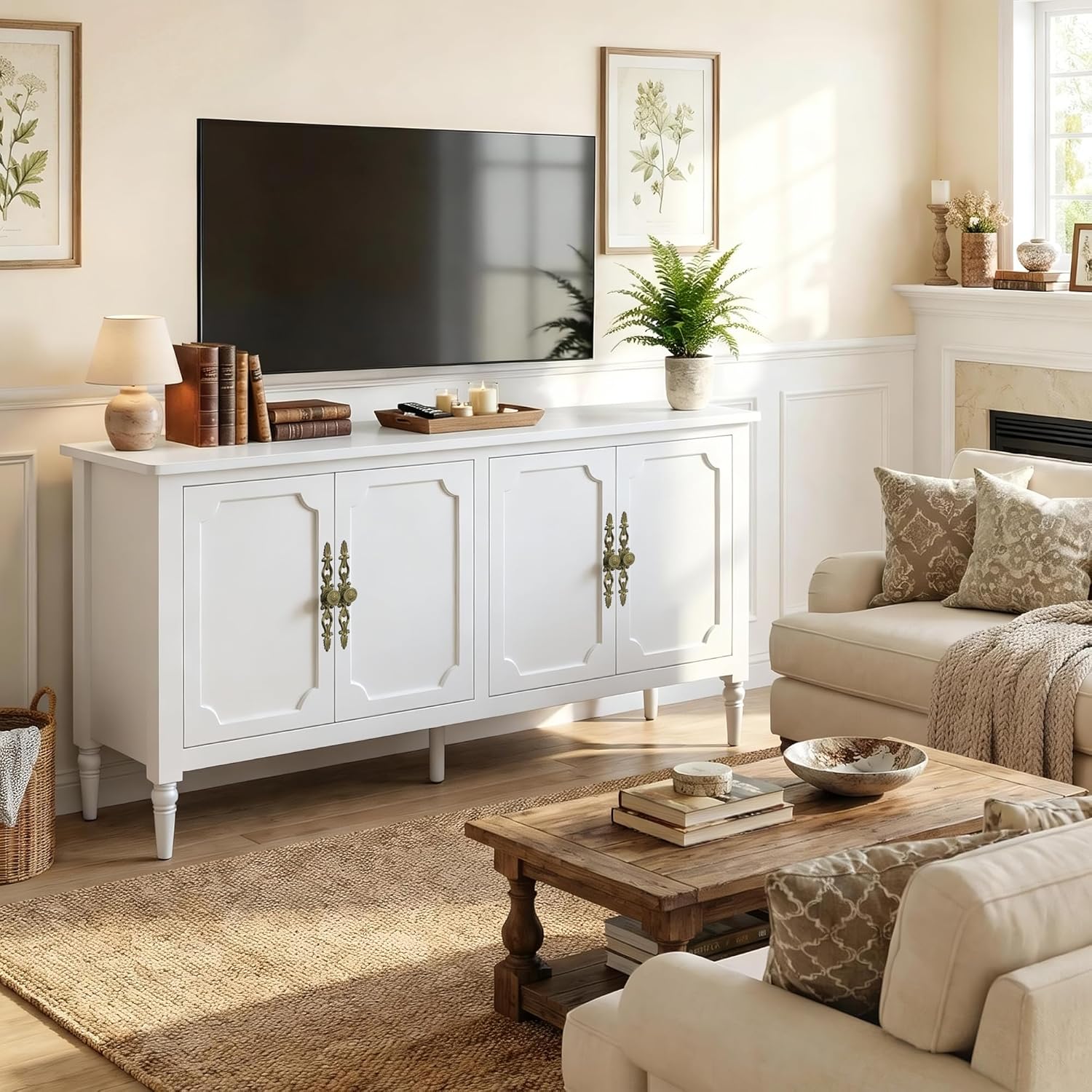 RoyalCraft 59" Buffet Cabinet with Storage, Vintage Sideboard with Adjustable Shelves & Carved Handle, Mid Century Modern Painted Credenza Coffee Bar for Kitchen, Dining Room, Satin White
