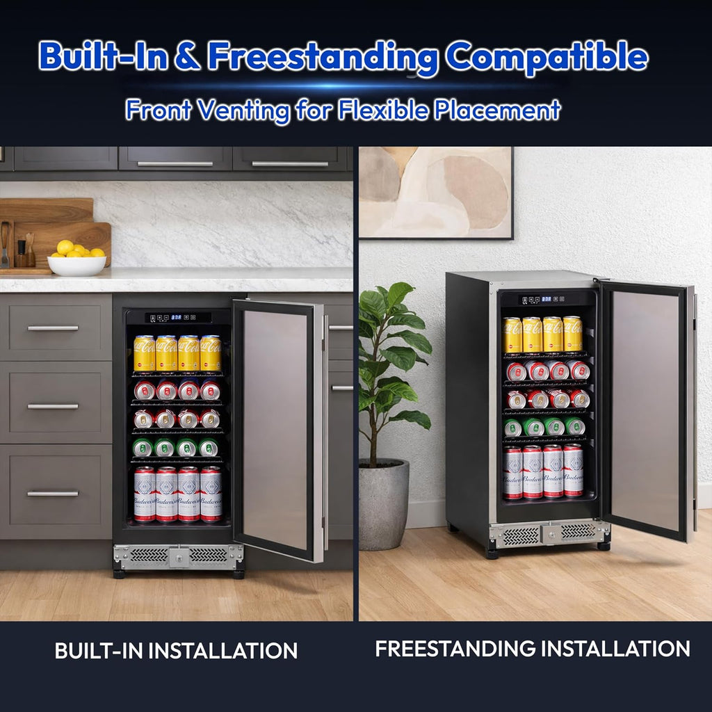 15 Inch Under Counter Beverage Refrigerator, 126 Cans Built-in or Freestanding Drink Fridge with Insulated Door,Ideal for Indoor or Outdoor Bar, Kitchen, Garage