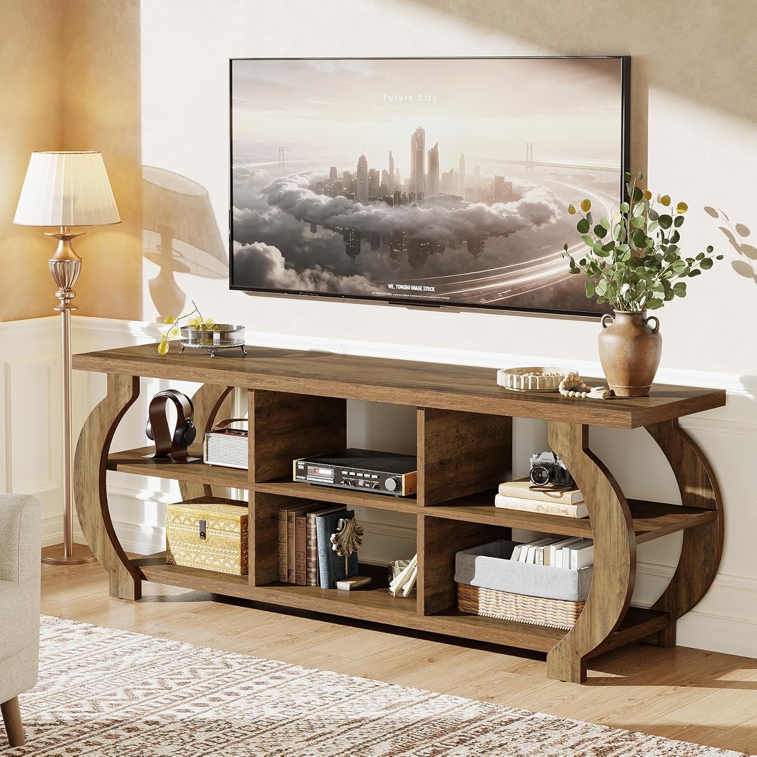 Tribesigns 63" TV Stand for 55/60/65/75-Inch TVs, Farmhouse Entertainment Center with Open Storage Shelves, Wooden Media TV Console for Living Room, Bedroom, Rustic Brown
