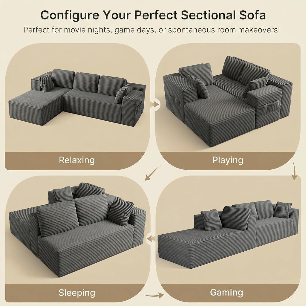 Gizoon 105" Oversized Floor Sofa Sectional, L Shaped Modular Cloud Couch with Chaise, Deep Seat Corduroy Memory Foam Boneless Couch for Living Room, No Assembly (Grey, Left Facing Chaise)