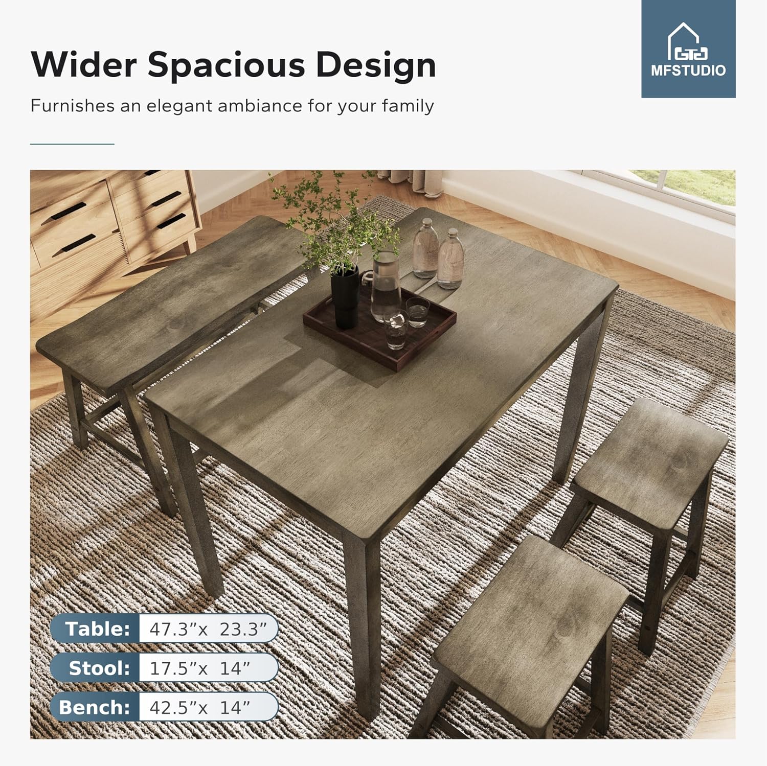 MFSTUDIO Dining Table Set for 4, Wooden Counter Height Table and Chairs, Bar Table Set with Bench, Small Kitchen Table and Chairs Set of 4, Smoky Brown