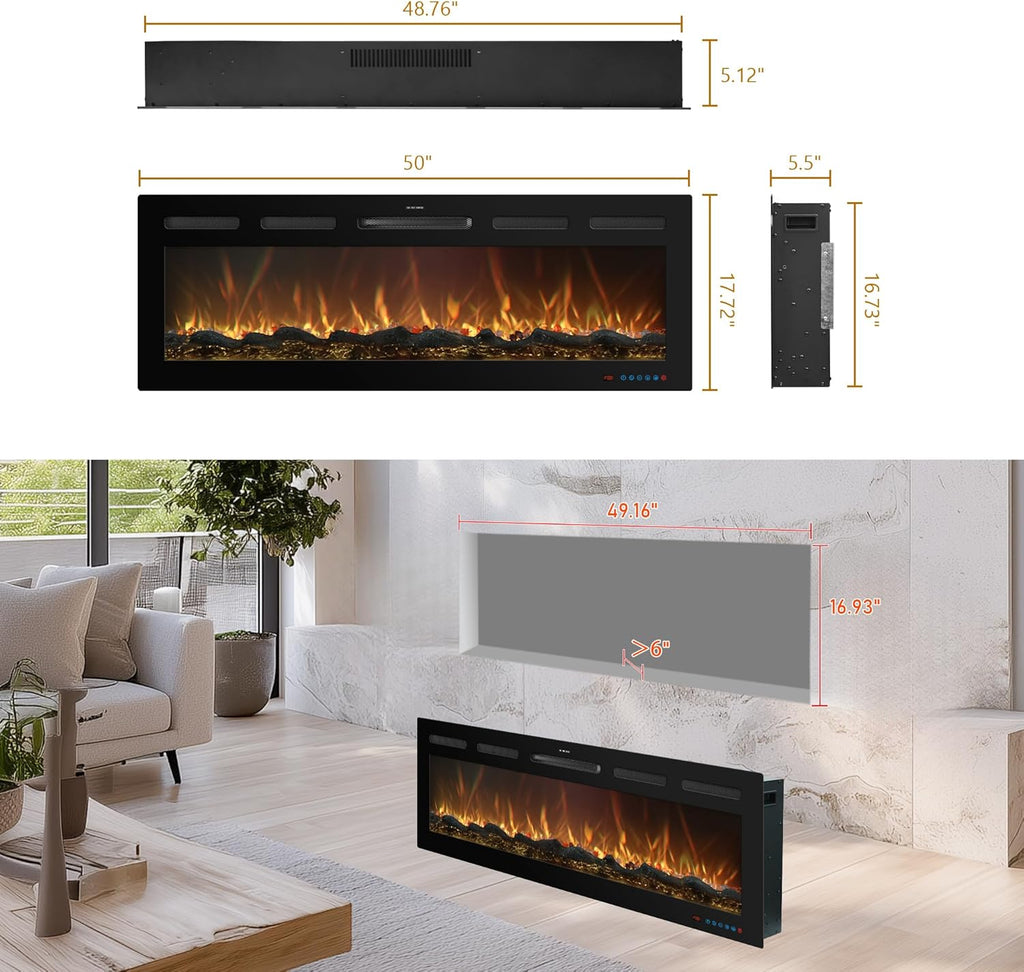50 Inch WiFi Electric Fireplace Heater with Sound, Wall Mounted, Recessed or Free‑Standing, 750/1500W, 13 Flame & Fuel Bed Colors, Dimmable, Remote & App Control, Alexa & Google Home