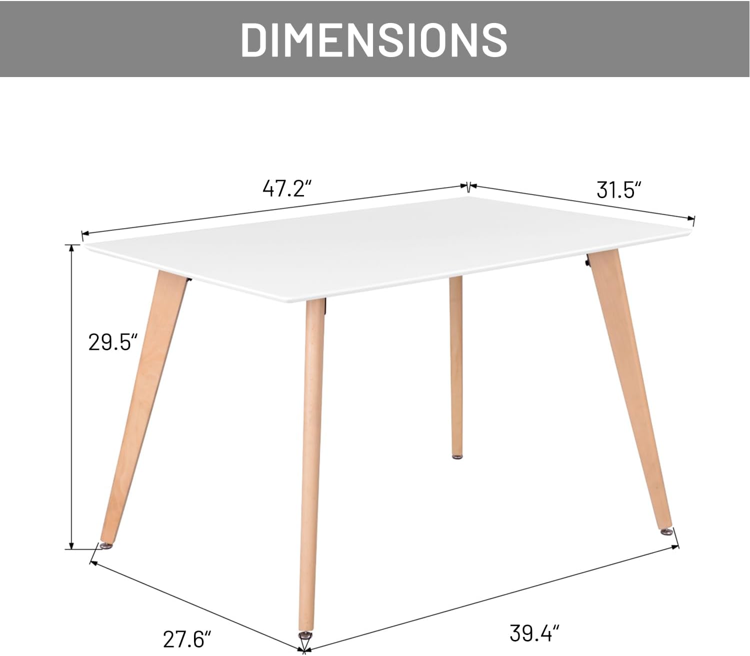 FurnitureR 47-Inch Dining Table for 4-6 People, Modern Rectangular Table with Solid Wood Legs, Multi-Purpose Space-Saving for Kitchen, Dining, Small Places, White