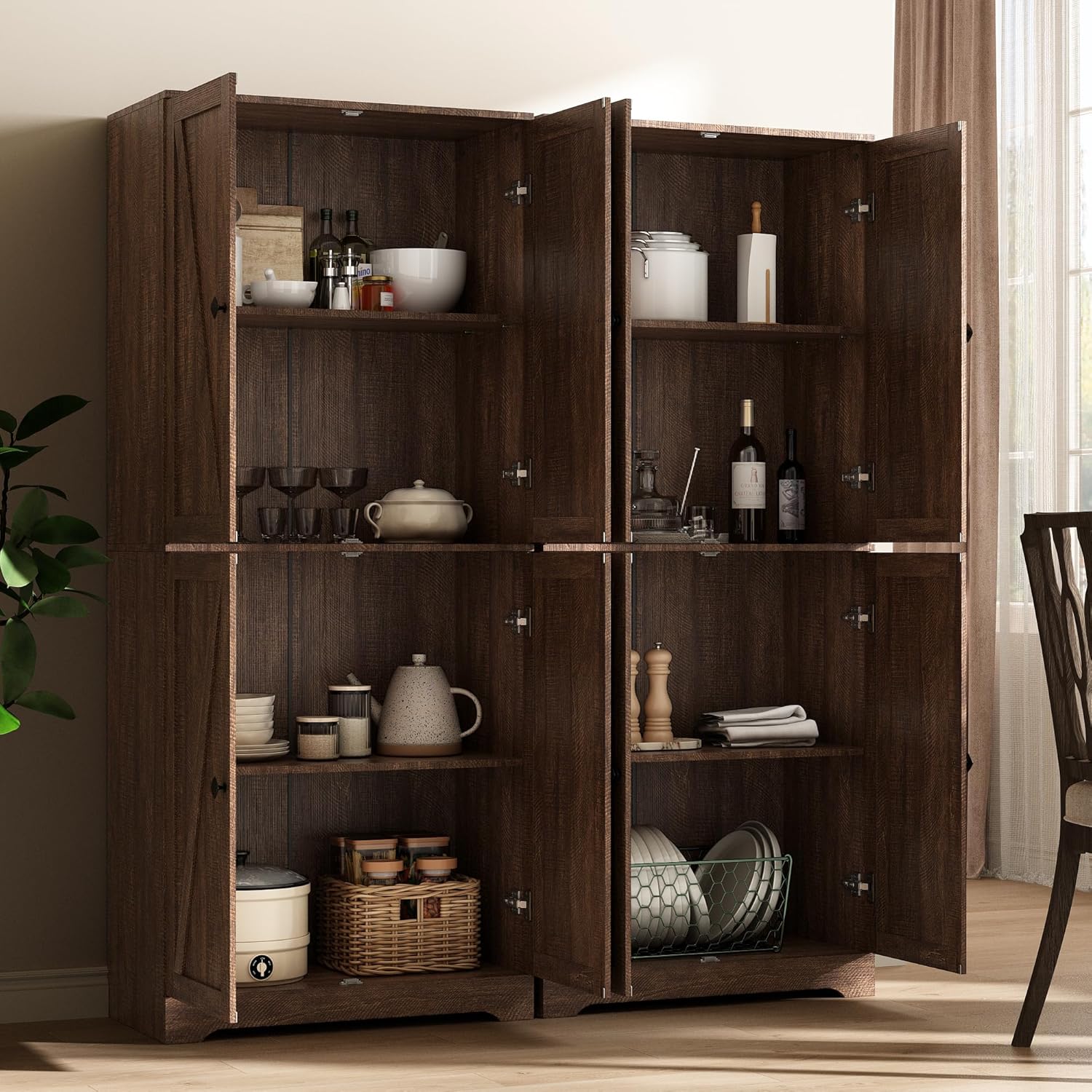 LYNSOM Farmhouse Storage Cabinet Set of 2, 72" Tall Kitchen Pantry Cabinet with 4 Barn Doors and Adjustable Shelves, Freestanding Storage Cabinets for Kitchen, Brown