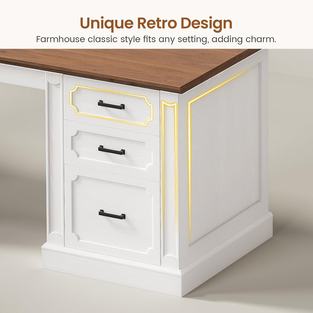 SEDETA Farmhouse 110.3" Two Person Desk with 7 Drawers, Long Computer Desk with Storage Cabinet, 2 Person Desk with Power Outlets for Home Office, White