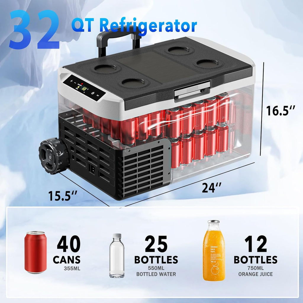 DOGHLY 12 Volt Refrigerator, 32QT Portable Cooler -4℉-68℉, Compressor Car Fridge 12V/24V DC & 110-240V AC, Electric Cooler for Truck, RV, Camper, SUV, Travel, Camping & Road Trips (32QT)