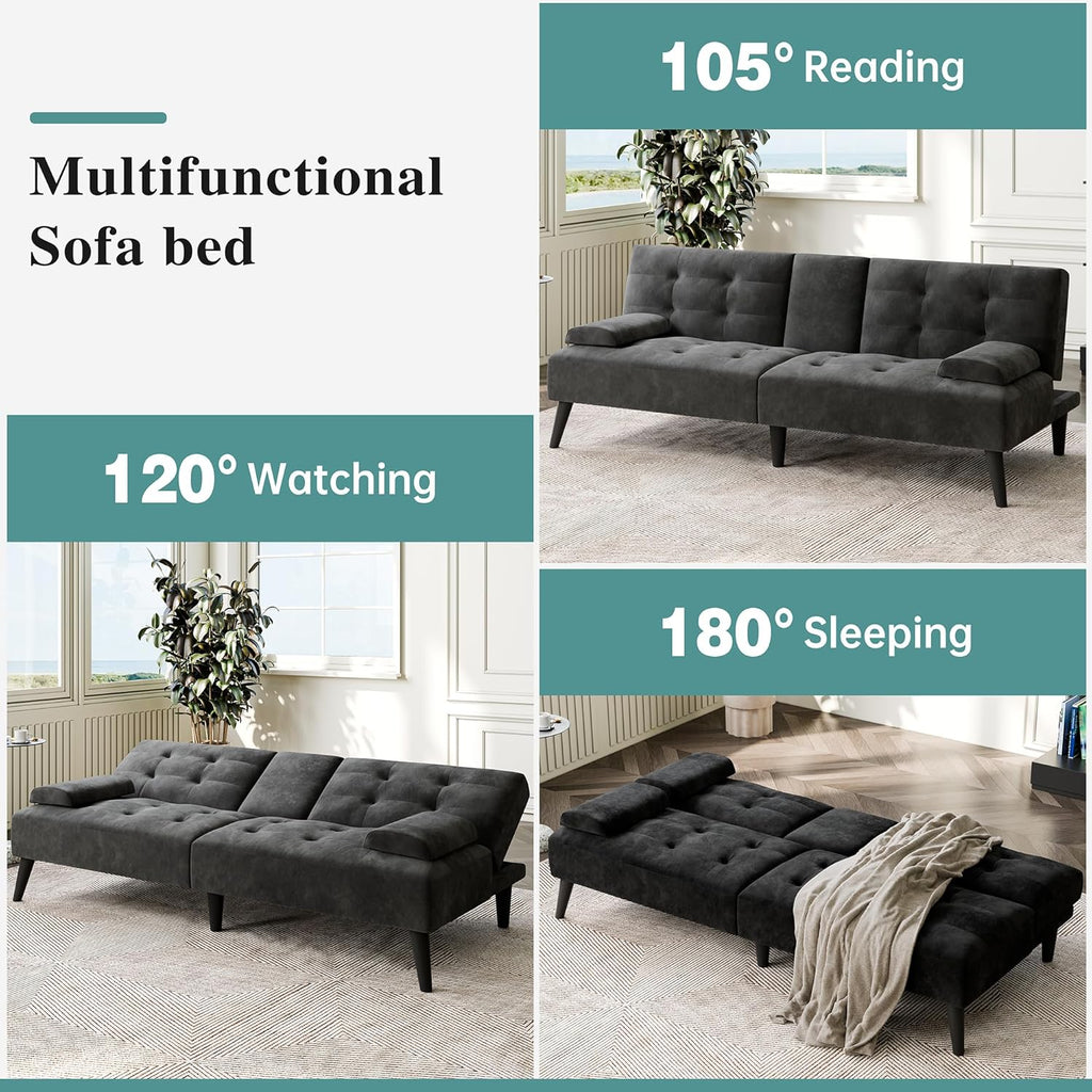 Meilocar 64" Futon Sofa Bed, 64" Convertible Loveseat with 2 Cup Holders, Small Couch with 3 Adjustable Angles & Removable Armrest, Sleeper Sofa for Apartment, 5.3 FT, Black