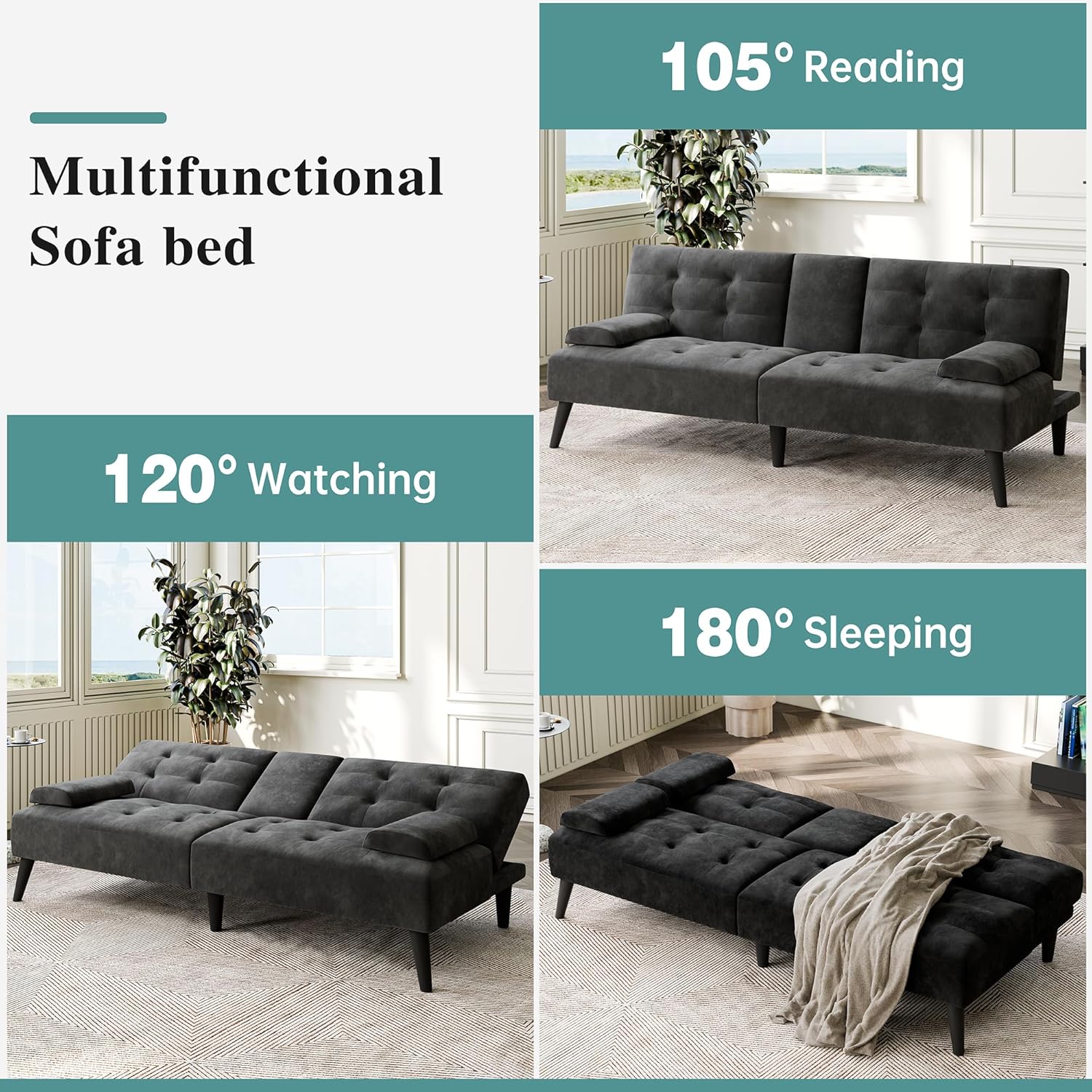 Meilocar 64" Futon Sofa Bed, 64" Convertible Loveseat with 2 Cup Holders, Small Couch with 3 Adjustable Angles & Removable Armrest, Sleeper Sofa for Apartment, 5.3 FT, Black
