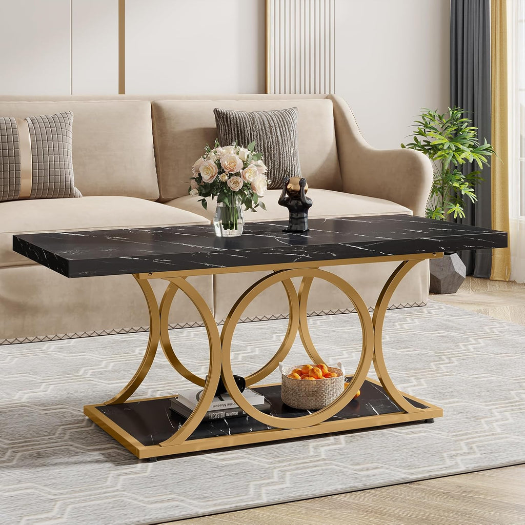 Tribesigns Rectangle Coffee Table, 47.24-inch Modern Coffee Tables for Living Room, 2-Tier Faux Marble Wood Coffee Table with Geometric Metal Legs, Furniture with Storage Shelf (Black & Gold)