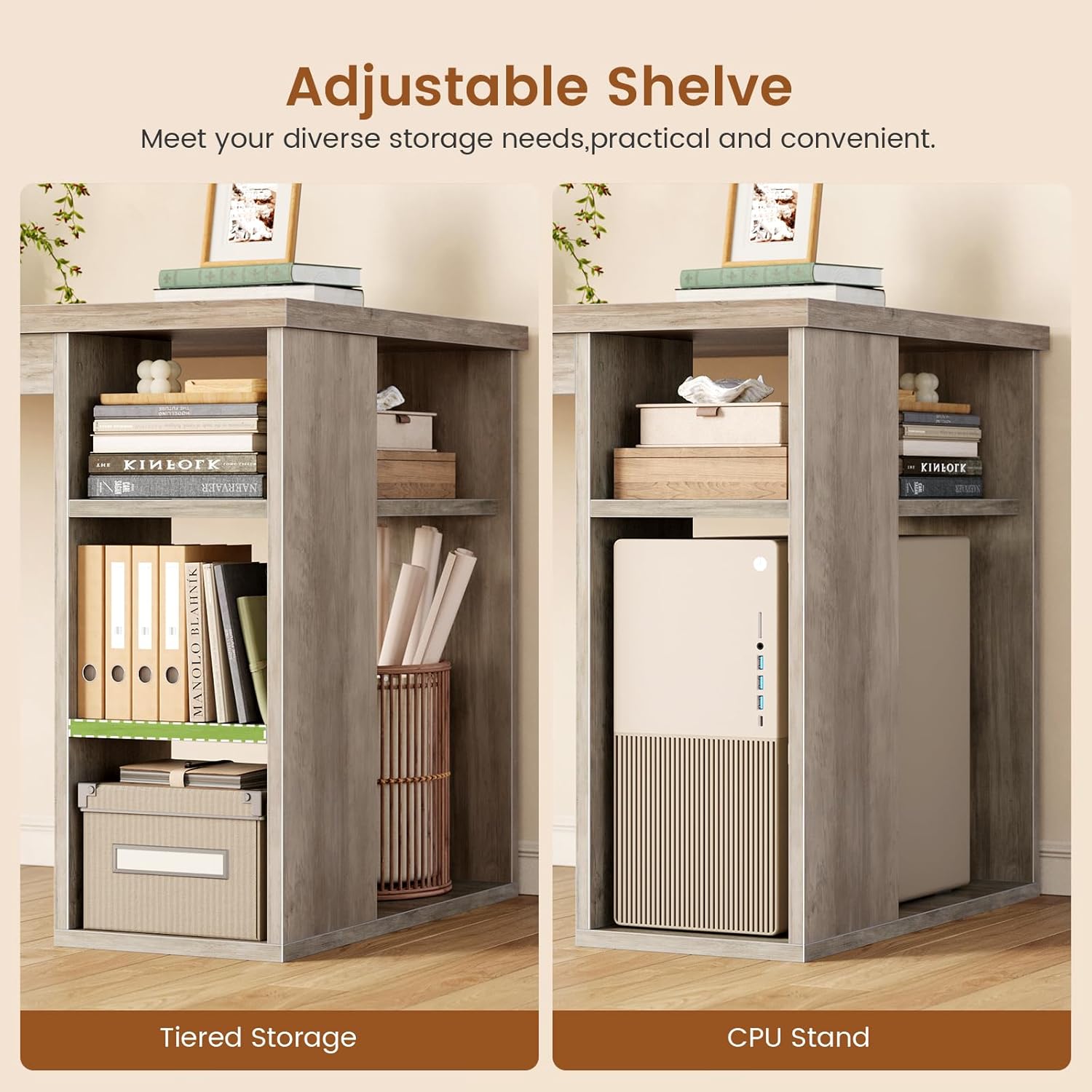 SEDETA Farmhouse 67" L Shaped Desk with 3 Drawers, Executive Desk, Home Office Desks with Storage Shelves, Corner Computer Desk with Power Outlets for Home Office, Grey