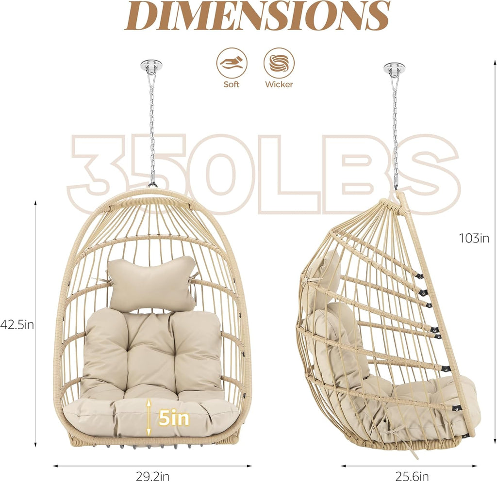 BULEXYARD Outdoor Patio Egg Chair Without Stand, 350 Lbs Foldable Rattan Swing with Comfy Cushion, Relaxing Boho Hanging Hammock Basket Seat for Bedroom Balcony Backyard Tree Indoor Mount, Beige