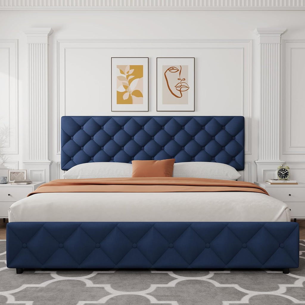 IDEALHOUSE King Size Bed Frame with 4 Storage Drawers and Adjustable Headboard, Linen Upholstered Platform Beds, Diamond Stitched Button Tufted, No Box Spring Needed, Blue