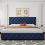 IDEALHOUSE King Size Bed Frame with 4 Storage Drawers and Adjustable Headboard, Linen Upholstered Platform Beds, Diamond Stitched Button Tufted, No Box Spring Needed, Blue