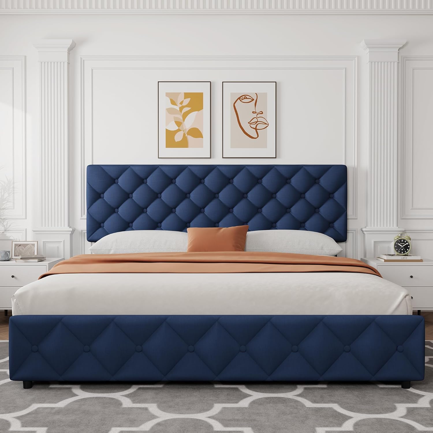 IDEALHOUSE King Size Bed Frame with 4 Storage Drawers and Adjustable Headboard, Linen Upholstered Platform Beds, Diamond Stitched Button Tufted, No Box Spring Needed, Blue