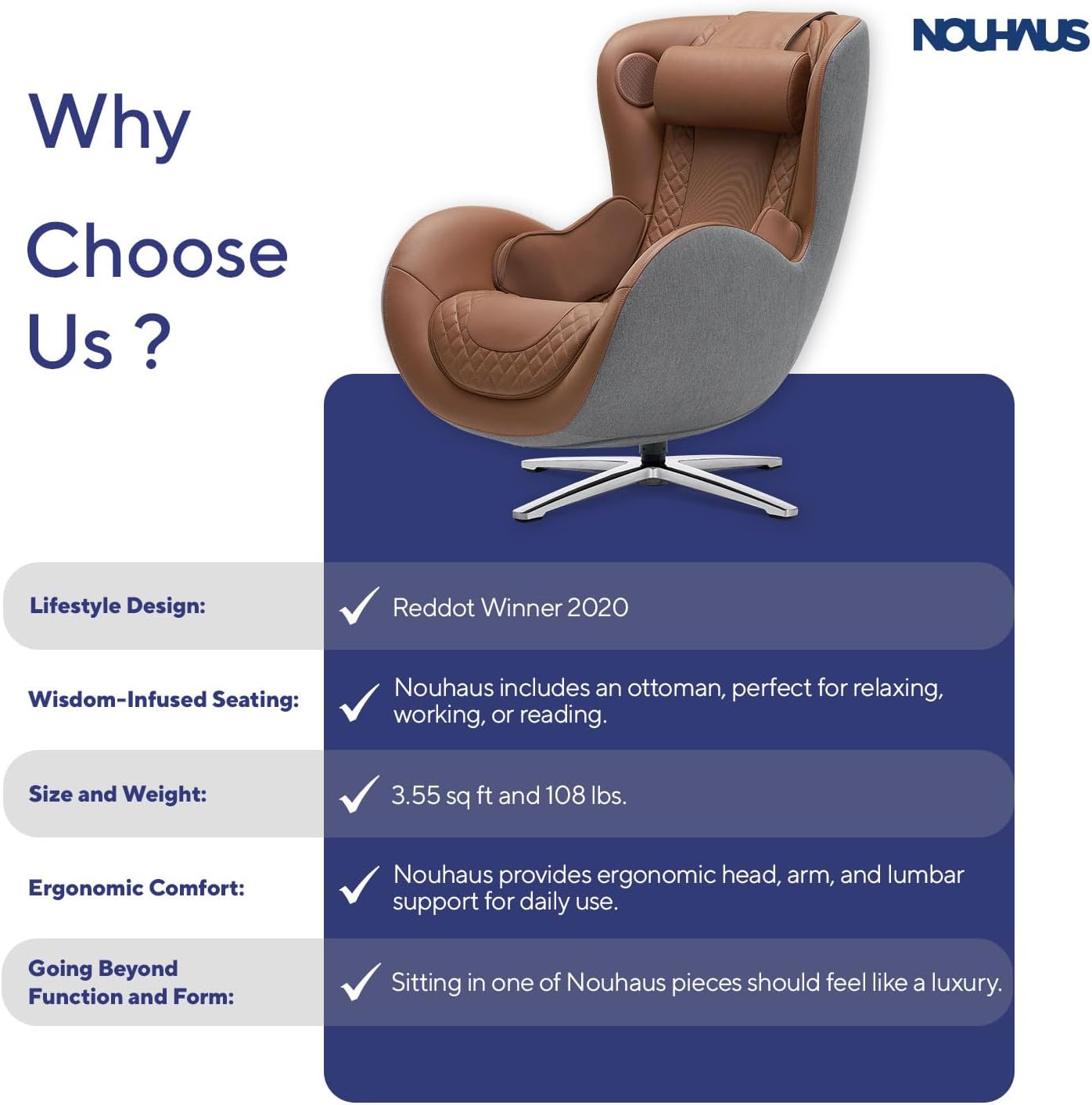 Nouhaus Classic Massage Chair with Ottoman – Caramel Leather Recliner with Percussive Shiatsu Massager, Built-in Speaker & Full Body Spot Massage – Ultimate Comfort for Home & Office