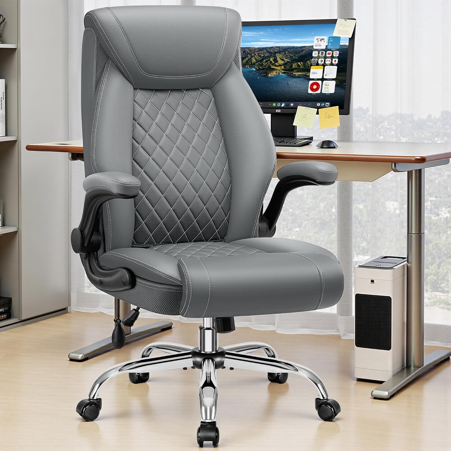 Office Chair, Big and Tall Ergonomic Desk Chair, Executive Leather Computer Chair with Adjustable Lumbar Support, Comfy Gaming Chair with Flip Up Arms, Swivel PC Chair with Rocking Function, Gray
