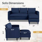 JAMFLY 3-Seat Convertible L-Shaped Sectional Sofa with Reversible Ottoman, Upholstered Fabric Couch for Small Living Rooms, Modern Modular Couch for Apartment, Studio & Loft, Blue