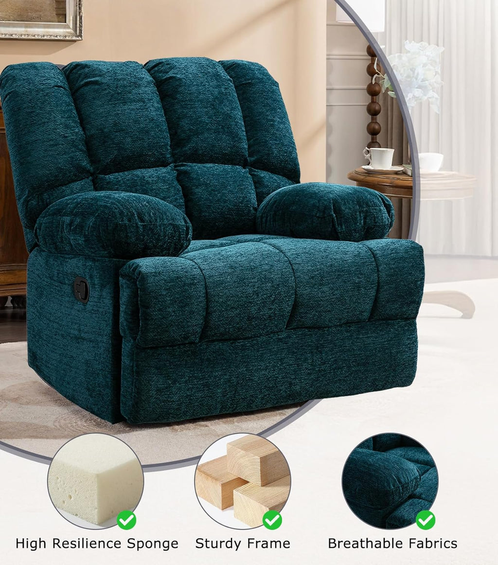 WILLOVE Oversized Rocker Recliner Chair Rocking Recliners Overstuffed Soft Big Man Manual Recliner Extra Large Living Room Chair 350 LBS Capacity, Teal, L