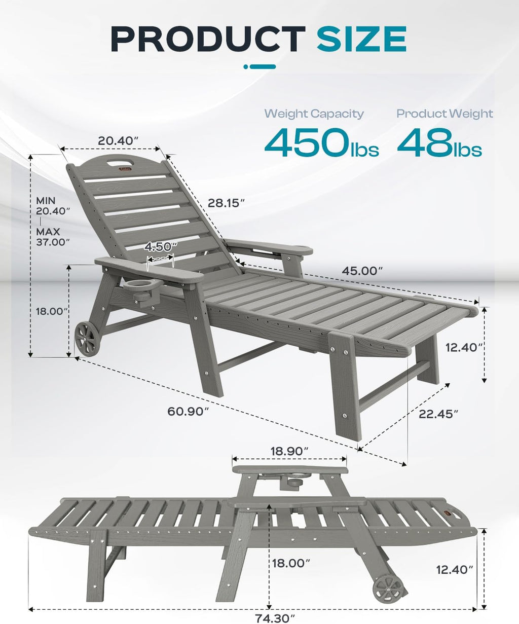 Ciokea Lounge Chair Outdoor  Oversized Chaise Lounge Chair with 5 Positions  HDPE  Patio Lounge Chair with Wheels & Cup Holder for Pool  Deck  Poolside  Grey