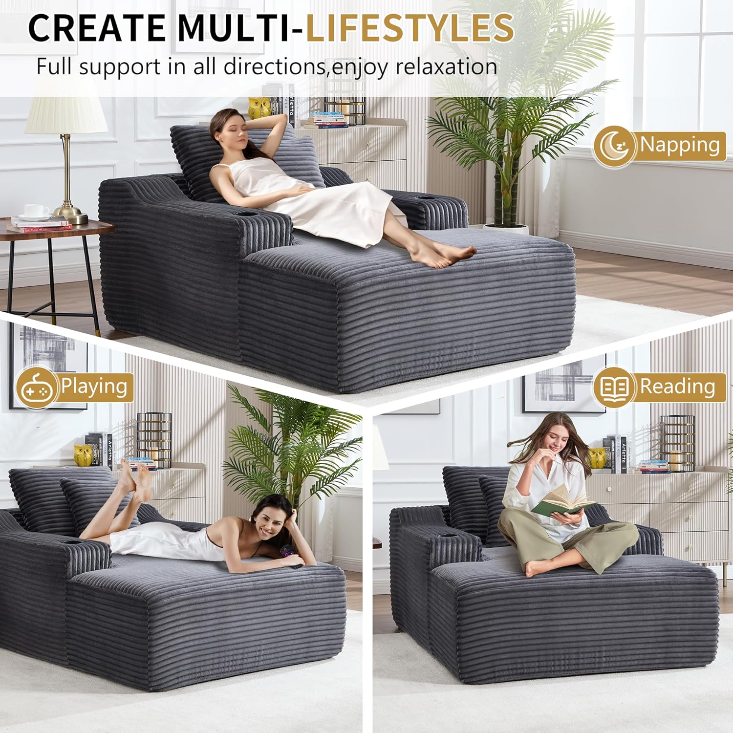 67" Oversized Chaise Lounge Chair Indoor, Soft Boneless Cloud Couch Chair with Wide Armrest Pillows and Cup Holders, Comfy Corduroy Sofa Bed Sleeper Couch for Living Room No Assembly Require,Dark Grey