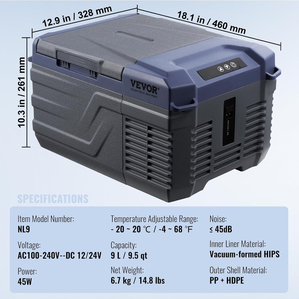 VEVOR Car Refrigerator, 12 Volt Car Refrigerator Fridge, 9 L Single Zone Portable Freezer, -4℉-68℉ Adjustable Range, 12/24V DC and 100-240V AC Compressor Cooler for Outdoor, Camping, RV