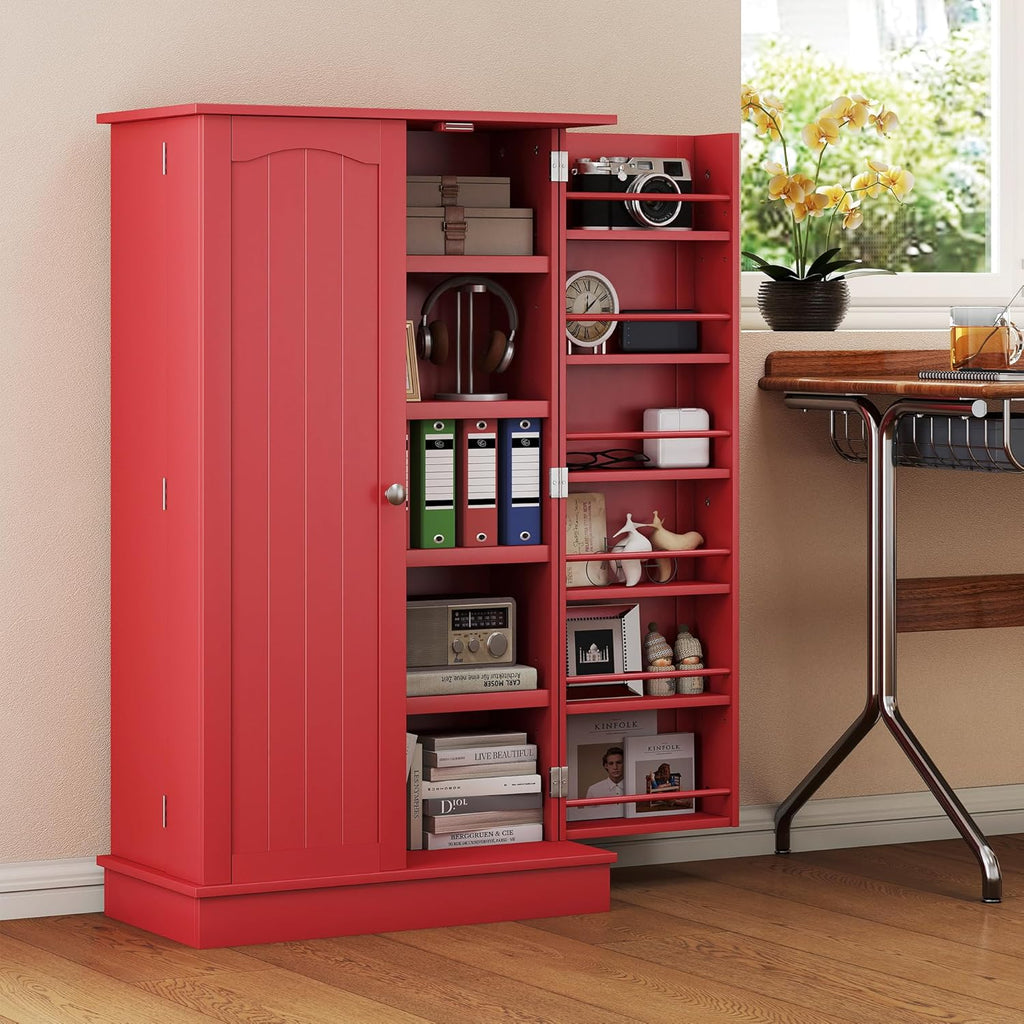 HOMCOM 41" Kitchen Pantry Storage Cabinet, Freestanding Kitchen Cabinet with 12 Door Shelves, Double Doors, 5-Tier Shelving and Adjustable Shelves, Red