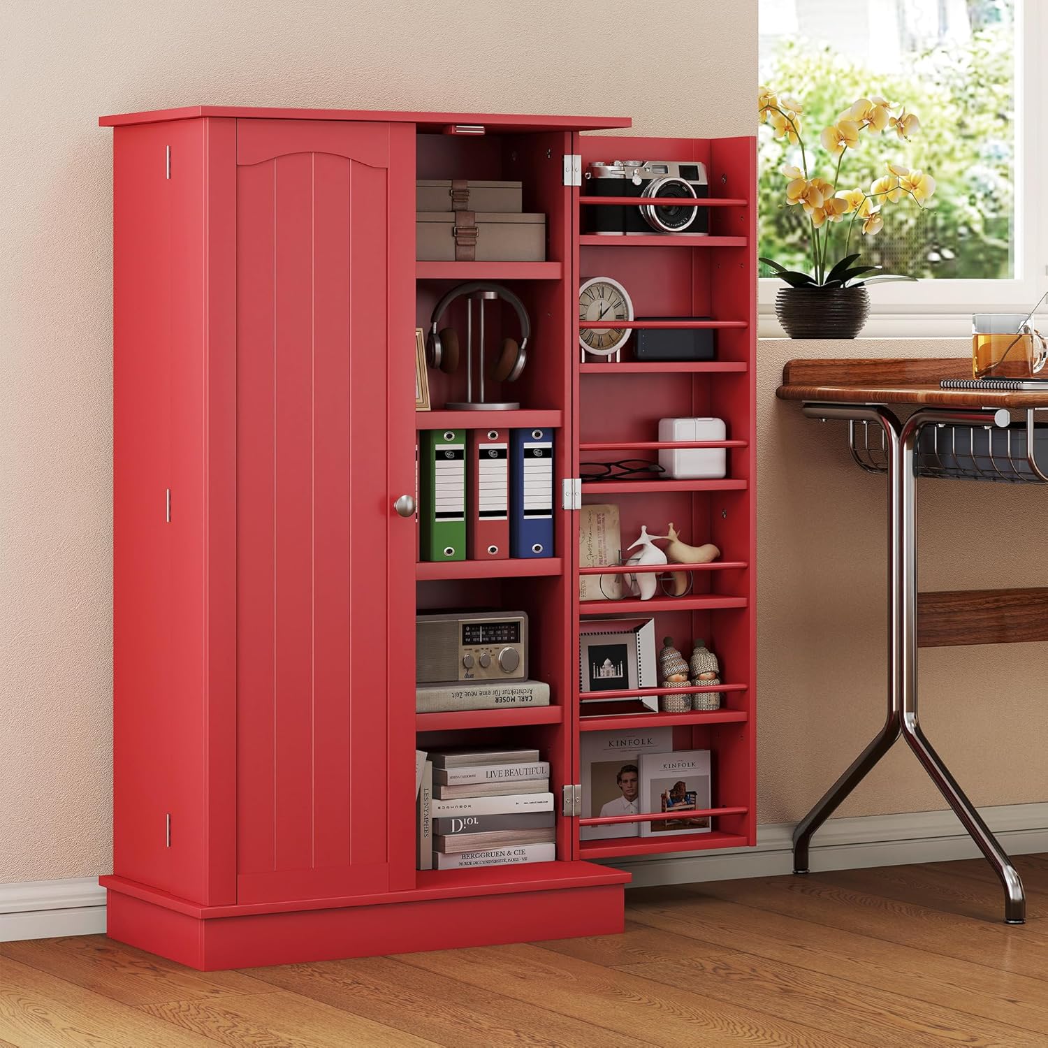 HOMCOM 41" Kitchen Pantry Storage Cabinet, Freestanding Kitchen Cabinet with 12 Door Shelves, Double Doors, 5-Tier Shelving and Adjustable Shelves, Red