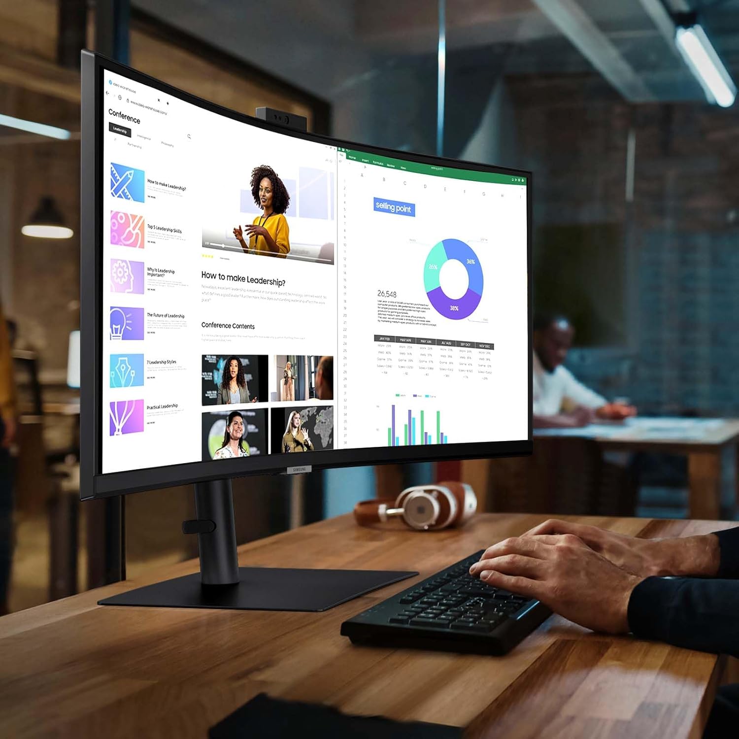 Samsung 34-Inch ViewFinity S65VC Series Ultra-WQHD Curved Computer Monitor  100Hz  AMD FreeSync  HDR10  USB-C  Built-in Speaker  Camera  KVM Switch  Eye Care  Eco-Packaging  LS34C650VANXGO  Black