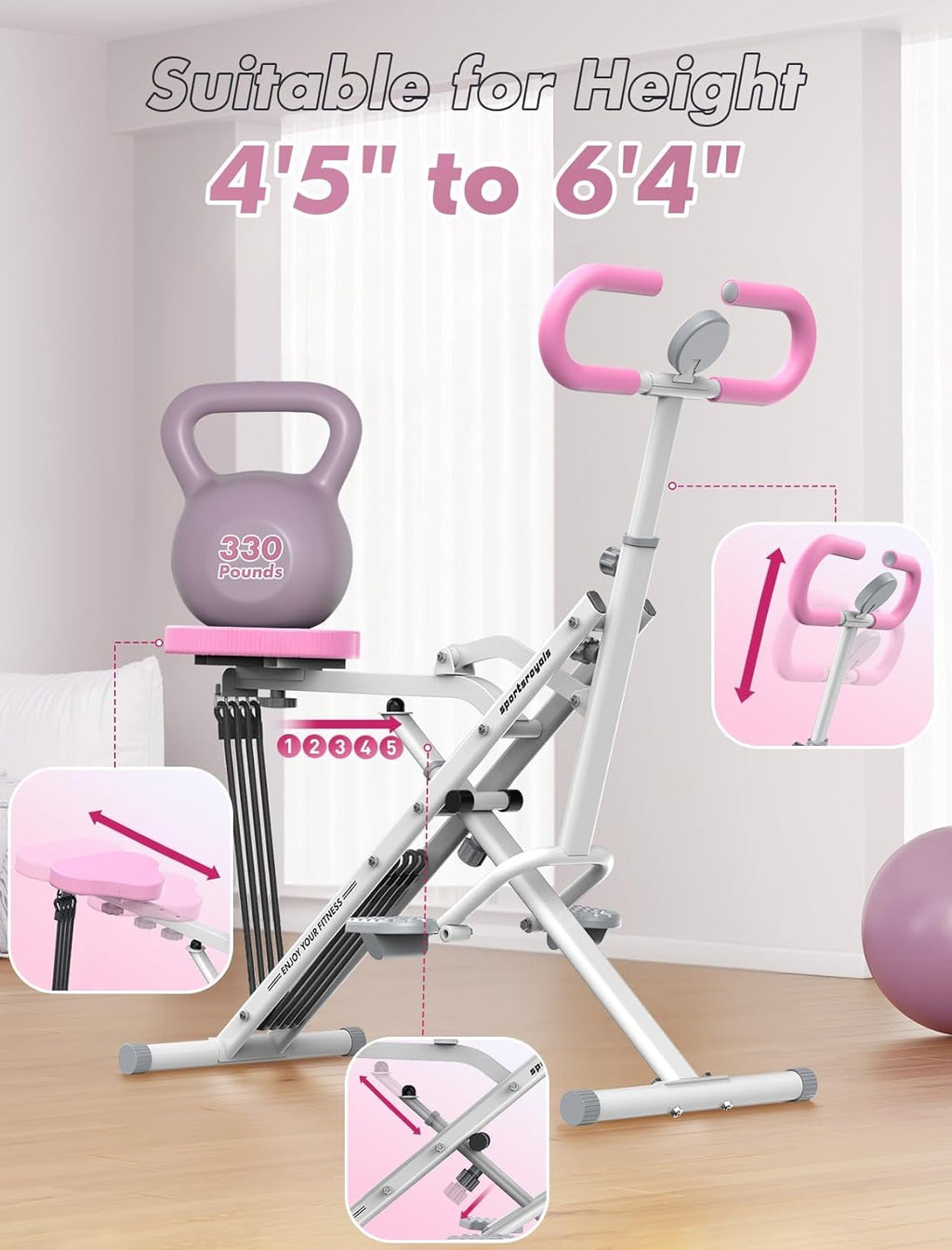 Sportsroyals Squat Machine, Squat Assist Rower for Glutes and Thighs, Foldable Exercise Equipment w/ Four Adjustable Resistance for Home, Full Body Workout Machine