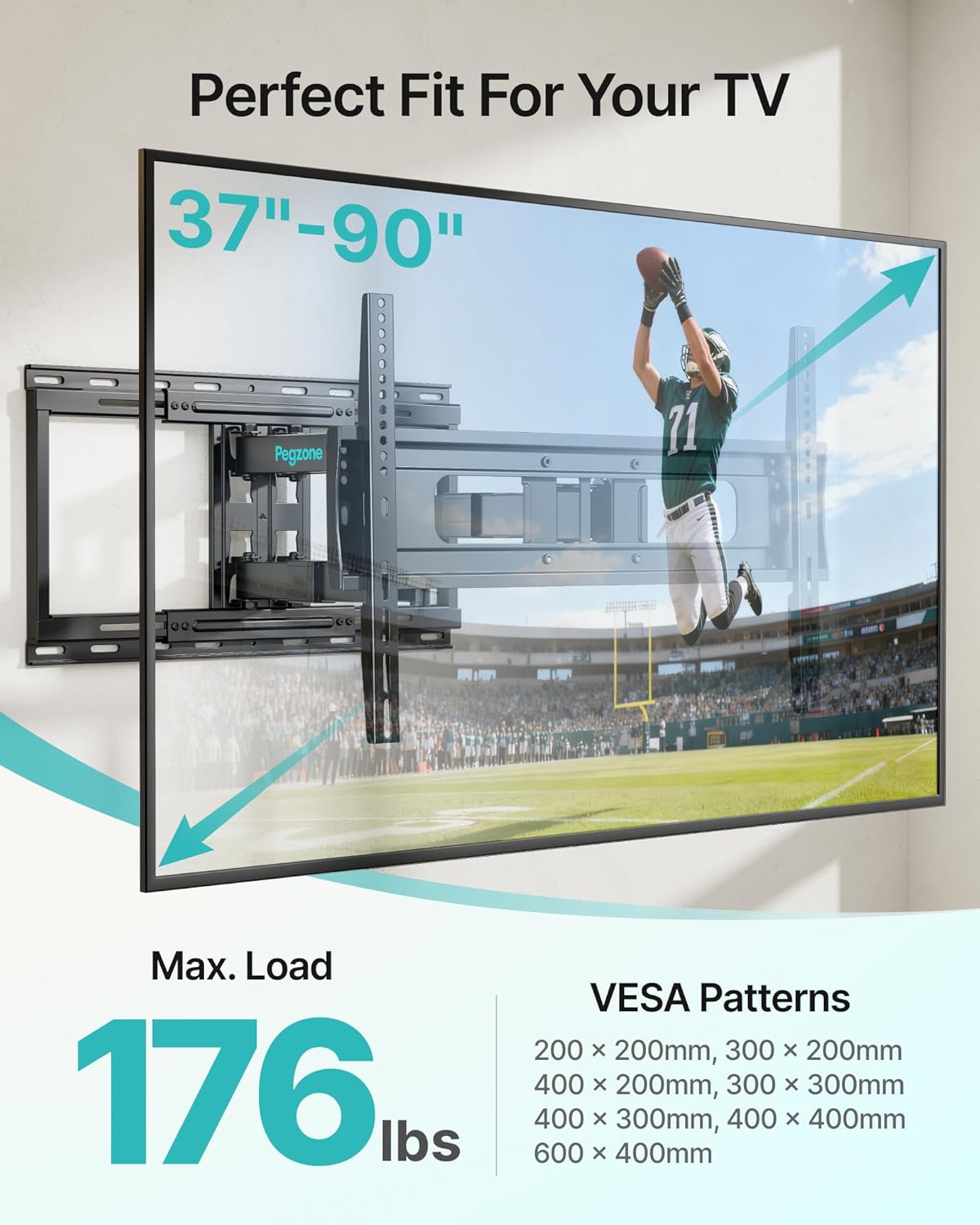 Pegzone Full Motion TV Wall Mount for 37-90 Inch TVs up to 176lbs, 25.4" Extension, Swivel Heavy Duty TV Bracket, Sliding Dual Arms for Off-Center Studs, Fits 16"/ 18" /24" Wood Studs, VESA 600x400