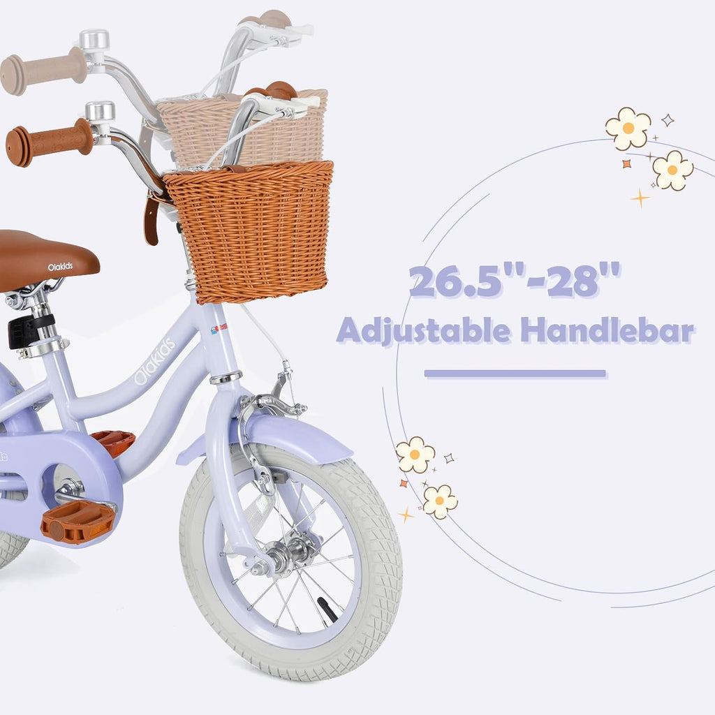 Olakids Kids Bike, 12 14 16 18 20 Inch Toddlers Bike with Training Wheels Rattan Basket Safety Bell Adjustable Seat and Handlebar, Children's Bicycle for Girls Boys