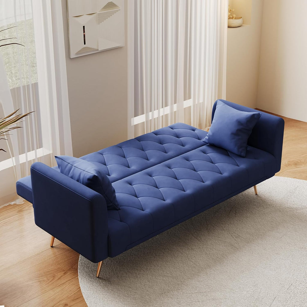 Anwick 72" Modern Velvet Sofa Bed Futon,Convertible Folding Sleeper Bed Couches with 3 Adjustable Backrests,Tufted Recliner Loveseat with Golden Chrome Legs for Small Living Room Office (Blue)