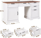 60" Farmhouse Executive Desk with Lock,Home Office Desk with Charging Station,Executive Desk with 4 Drawers & 1 Cabinet&1 File Cabinet for Office and Home