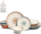 Sango 12-Piece Speckled Stoneware Dinnerware Set for 4- Glossy Plates and Bowls Set with Hand-Painted Floral Pattern, Rustic Ceramic Dish Set, Elegant Dishes for Everyday Dining, Siterra Glazed Garden