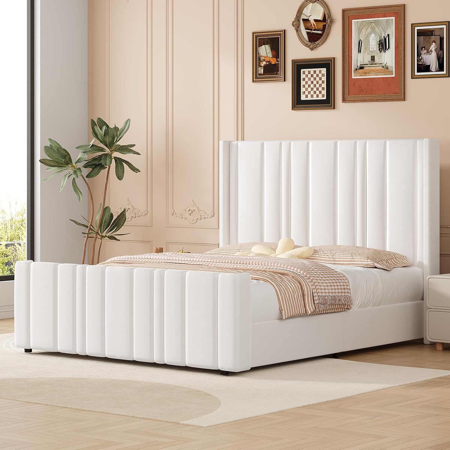 HOMBCK Queen Bed Frame, Upholstered Platform Bed Frame Queen Size with Vertical Channel Tufted Headboard & Footboard, Wingback Design/Noise Free/No Box Spring Needed/Easy Assembly, Cream