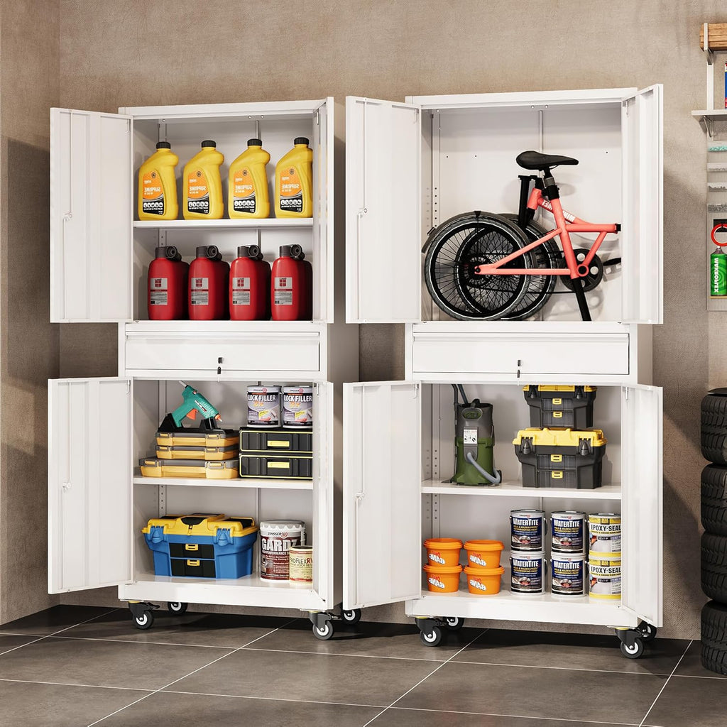 DEVAISE Metal Garage Storage Cabinet with Locking Doors and Adjustable Shelves, Rolling Tool Cabinet with Drawer for Garage,Warehouse,Home,Office (White)