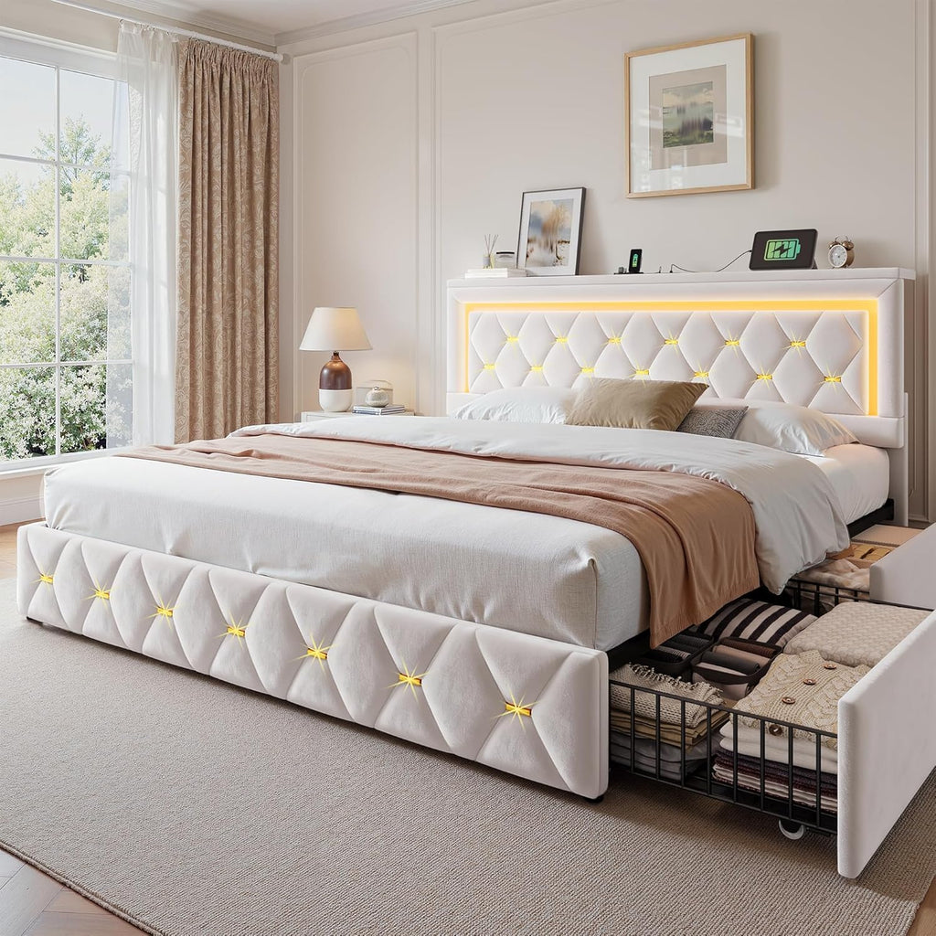 King Size Bed Frame with 4 Storage Drawers & LED Lights, Velvet Bed Frame with Charging Station, Wooden Slats, No Box Spring Needed, Beige