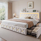 King Size Bed Frame with 4 Storage Drawers & LED Lights, Velvet Bed Frame with Charging Station, Wooden Slats, No Box Spring Needed, Beige